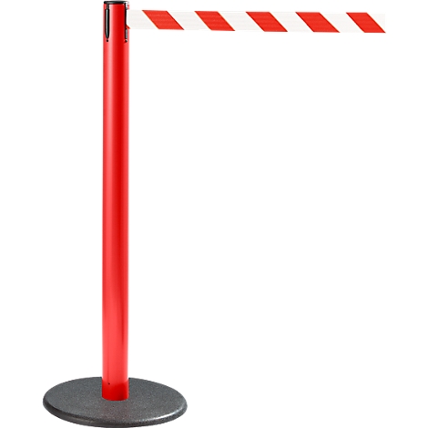 Red stanchion with white and red barrier tape, on gray base. On a white background.