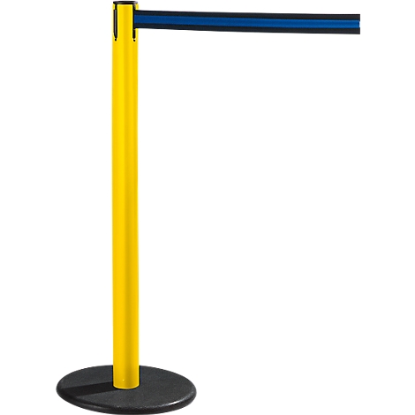 Yellow and black stanchion with blue belt, against white background.