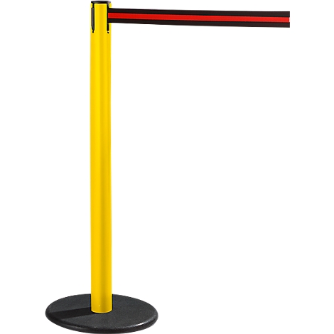 Yellow and black stanchion with red band. Black round foot, yellow pole, black top with red band.