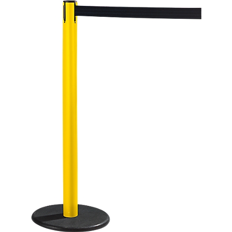 Yellow and black barrier post with a black retractable belt. Black round base. The pole has a smooth surface.
