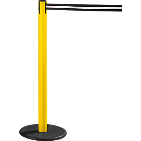 Yellow stanchion with black and white striped retractable belt.