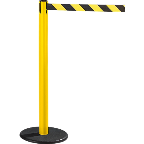 Yellow stanchion with black and yellow striped retractable belt. Black base, white background.