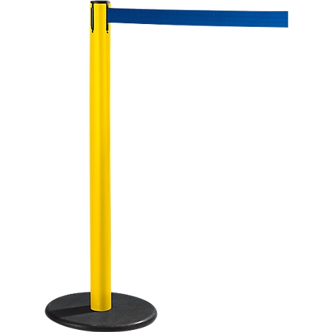 Yellow barrier post with blue band against a white background. Black, round foot.