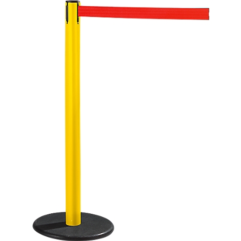 Yellow and black stanchion with red belt against white background.