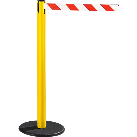Yellow barrier post with red and white striped tape. Black round foot.