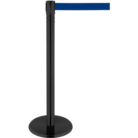 Black stanchion with blue strap, on a white background.