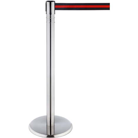 A silver stanchion with a red and black striped barrier tape attached to the top.