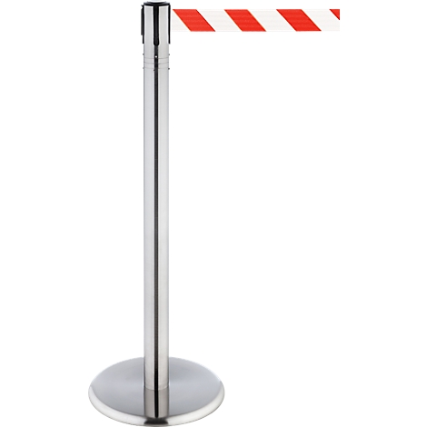 Chrome stanchion with red and white striped barrier tape.