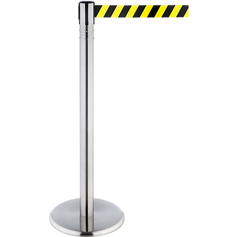 A silver stanchion with yellow and black striped tape. The post has a round base and a tape cassette.