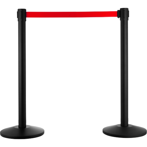 Two black stanchions with a red barrier band, forming a passage.
