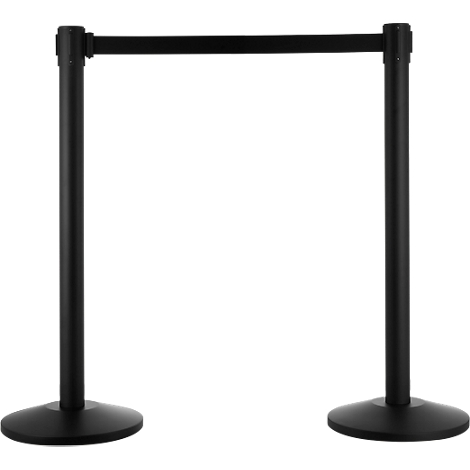 Two black stanchions with a black strap in between, against a white background.