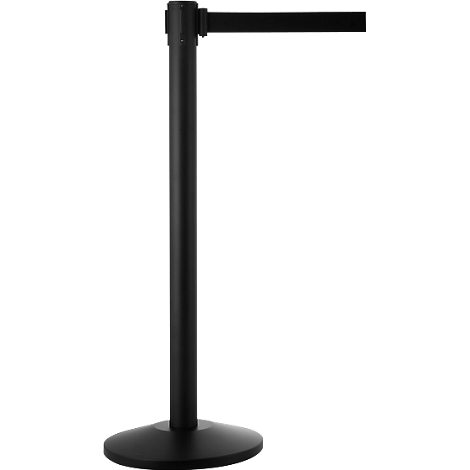 Black retractable belt barrier against a white background.