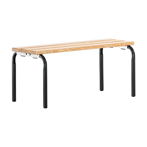A wooden bench with a black metal frame. The seat consists of horizontal wooden slats.