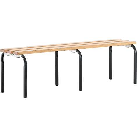 Long wooden bench with black painted metal legs, ideal for waiting areas.