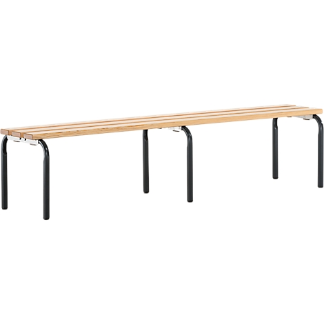 Long wooden bench with black metal legs. It is placed in a neutral, light room.