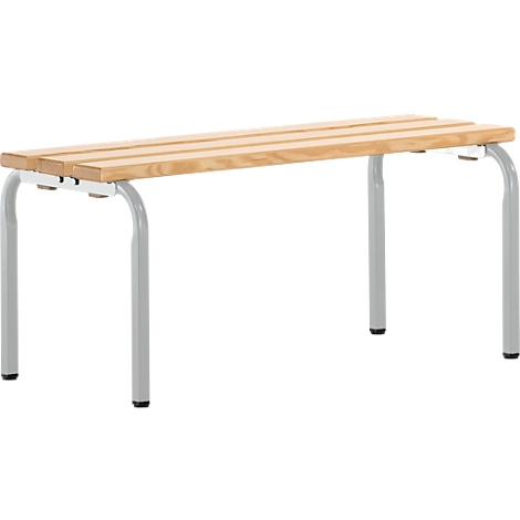 Wooden bench with gray metal legs. The seat consists of three wooden slats. The bench stands against a white background.