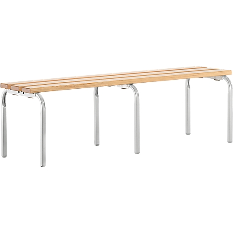 Long wooden bench with metal legs. The seat consists of several wooden slats. The legs are U-shaped curved.