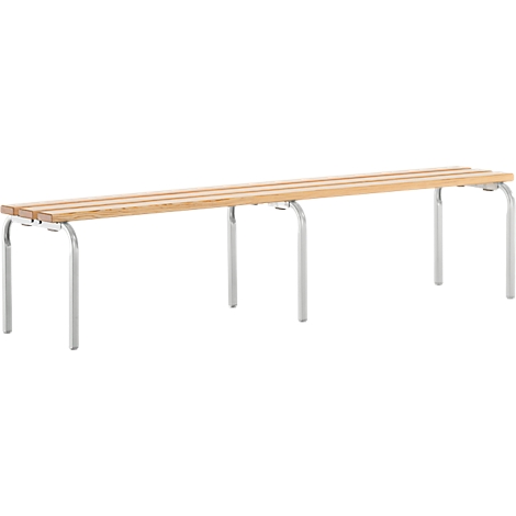 Long bench made of light wood with metal legs, against a white background.