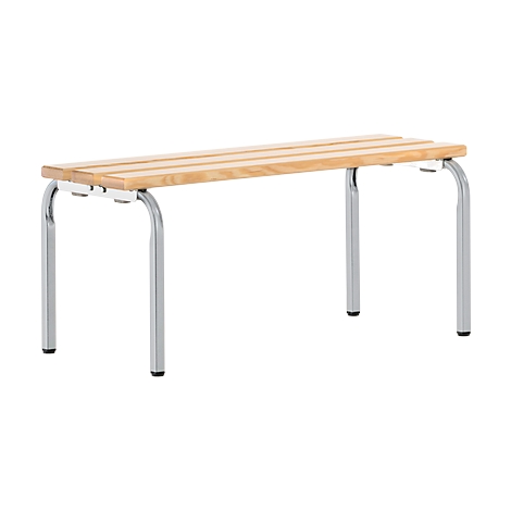 Wooden bench with four metal, curved legs, no backrest.