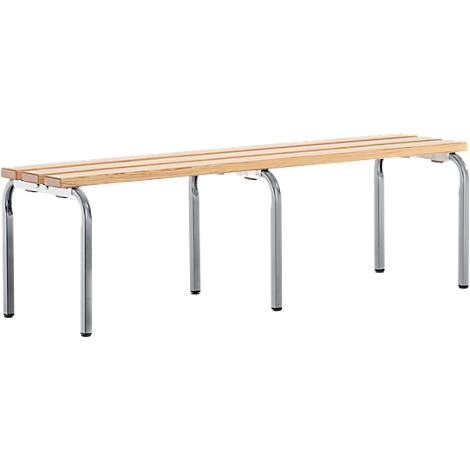 Long wooden bench with silver metal legs. The seat consists of light wooden slats.