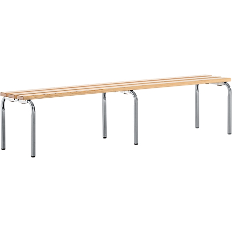Long wooden bench with chrome legs, on a white background.