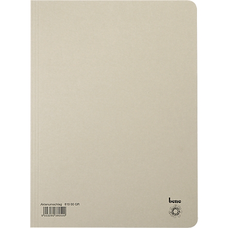 Beige Mappe mit Barcode und Logo.