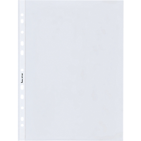 Transparent, empty clear pocket with punched edge on the left. Printed is the word 'Leitz'.