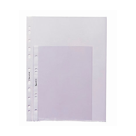 Three transparent plastic sheet protectors, one punched for a binder. Below a paper. Labeling on the edge.