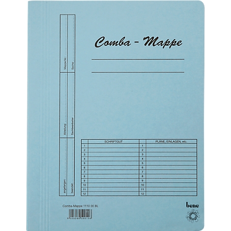 Hellblaue Comba Mappe, beschriftet mit 'Comba - Mappe'. Mit Feldern für 'Schriftgut' und 'Pläne, Einlagen'.