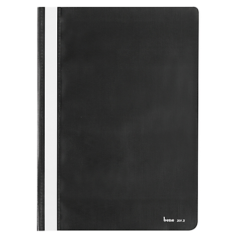 Black binder with a white stripe on the side. Small lettering on the bottom right.
