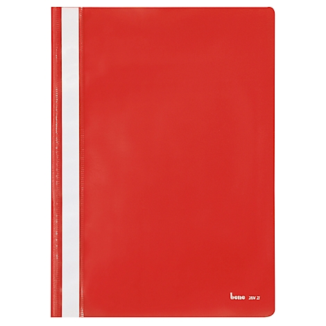 Red binder with white stripe on the side.