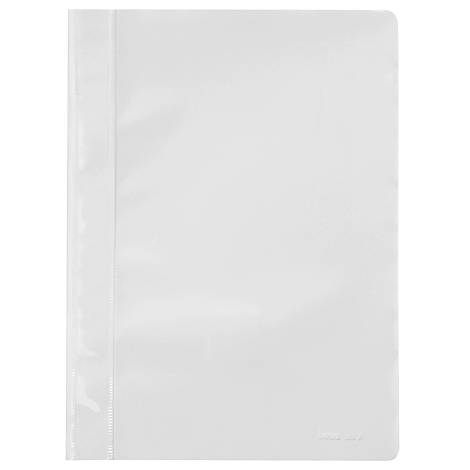 White binder with transparent cover and black spiral binding.