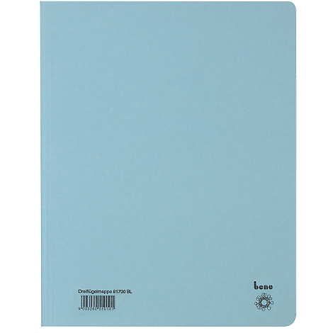Hellblaue Dreiecksmappe mit schwarzem Aufdruck "bene" und Barcode.