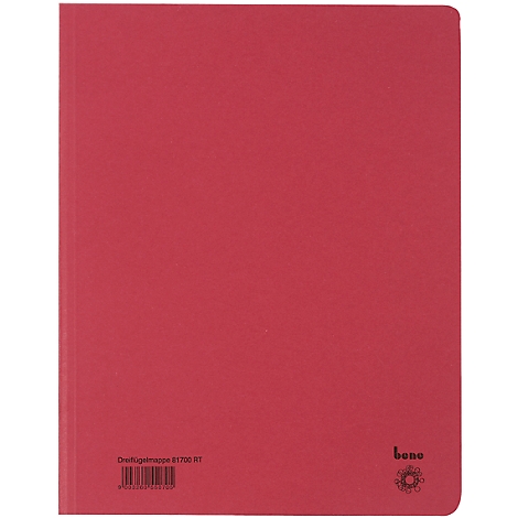 Rote Dokumentenmappe, mit Barcode, Logo und Schriftzug 'bene'.