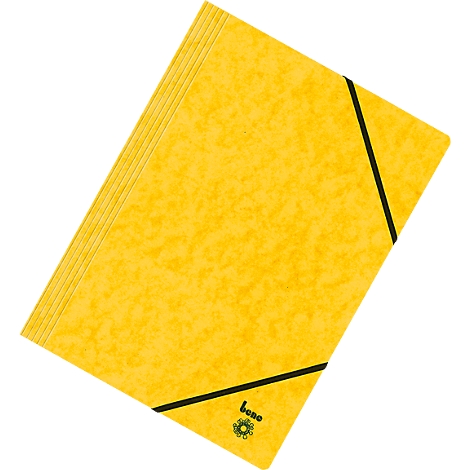 Gelbe Mappe mit schwarzem Gummiband. Der Schriftzug 'bene' und ein Logo sind erkennbar.