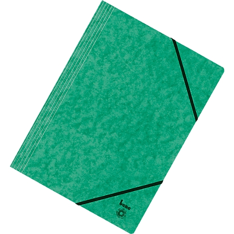 Grüne Dokumentenmappe mit schwarzem Gummiband. Oben links ein Stapel Papier.