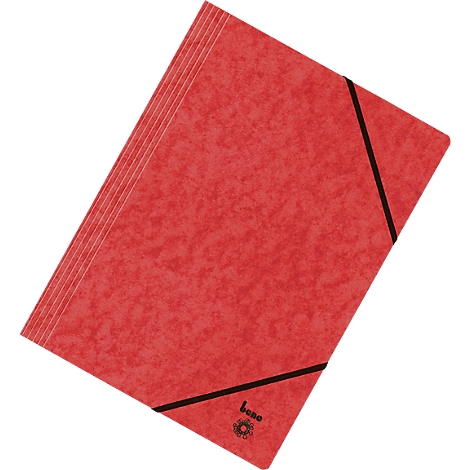 Rote Aktenmappe mit Gummizug. Der Schriftzug "bene" ist am unteren Rand zu sehen.