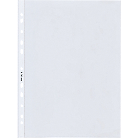 Duidelijke, transparante insteekhoes met perforatierand. Op de rand staat 'hamm 2013-07'.