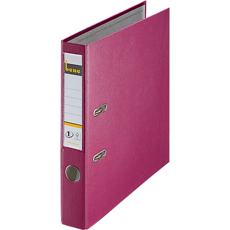 Opened pink file folder with label, fittings and the word "bene".