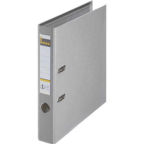 Grey file folder with label, openings and the "bene" logo.