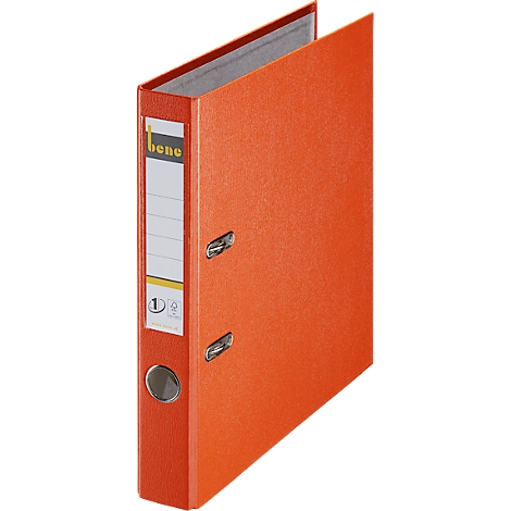 Open, orange binder with a white label field and metal eyelets.