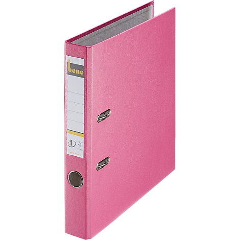 A pink file folder, with silver metal rings and the imprint "bene".