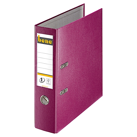Magenta-colored file folder. On the spine: bene brand, blank labeling fields and logo. Opened.