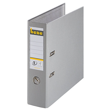 Grey binder with 'bene' logo and label field. Front open, metal fittings.