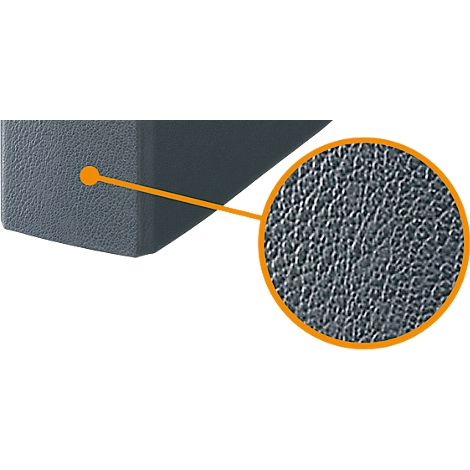 Section of a gray material with a detailed view of the material, which is textured like leather.