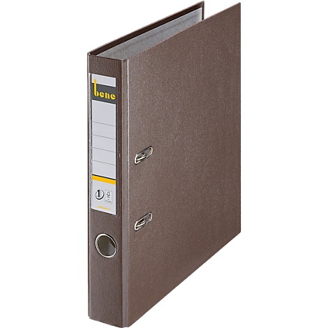 Bruine ordner met wit etiket met logo en blanco velden voor etikettering. Metalen beugels en gat voor opslag.