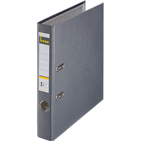 Grijze ordner met wit etiket en bedrijfslogo, gedeeltelijk geopend.