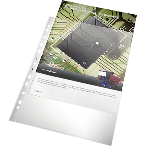 Transparent document sleeve with inserted promotional material. There is a product image, text and the "prestige" logo.