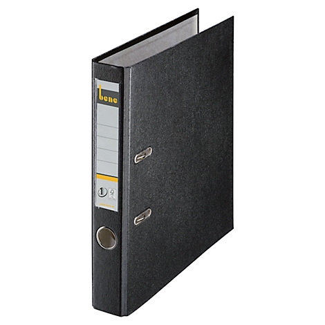 Black file folder with a white label and silver metal parts. The folder is slightly open.