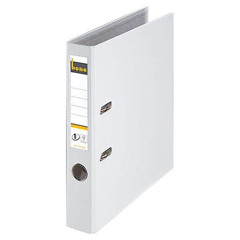 White binder with silver clasps, label with yellow lettering. The binder is slightly open.